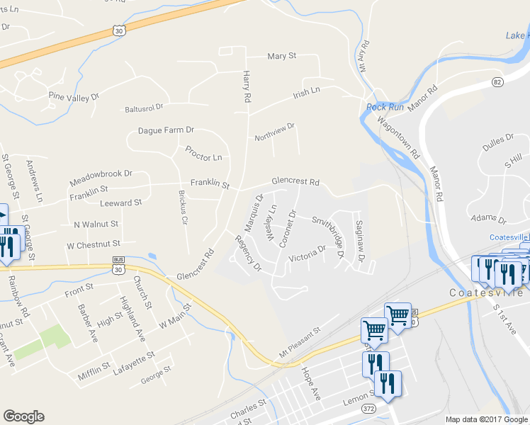map of restaurants, bars, coffee shops, grocery stores, and more near 129 Wesley Lane in Coatesville