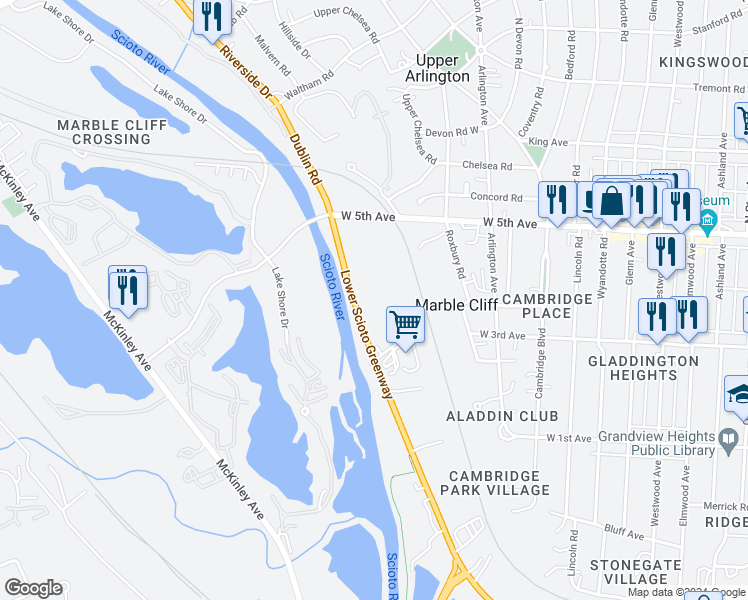 map of restaurants, bars, coffee shops, grocery stores, and more near 1500 Dublin Road in Columbus