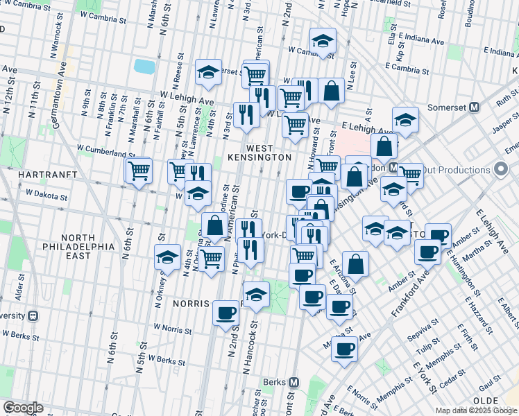 map of restaurants, bars, coffee shops, grocery stores, and more near 2406 North Hancock Street in Philadelphia