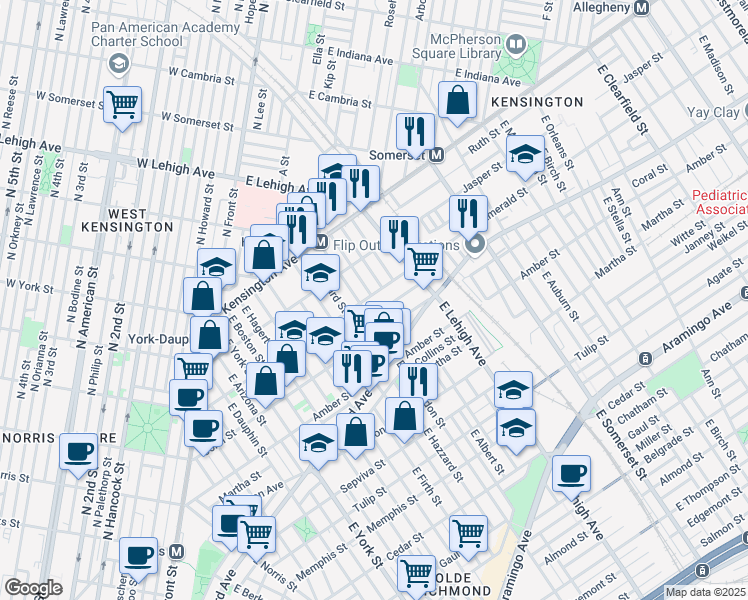 map of restaurants, bars, coffee shops, grocery stores, and more near 2633 Emerald Street in Philadelphia