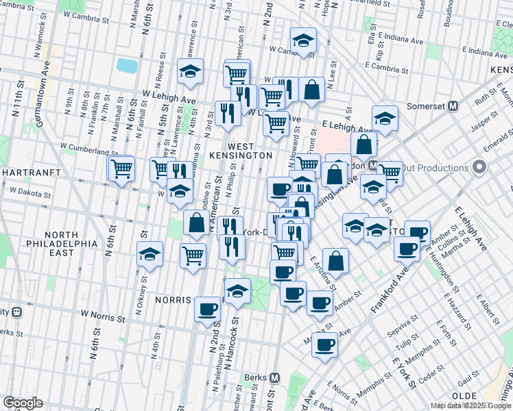 map of restaurants, bars, coffee shops, grocery stores, and more near 2406 North Hancock Street in Philadelphia