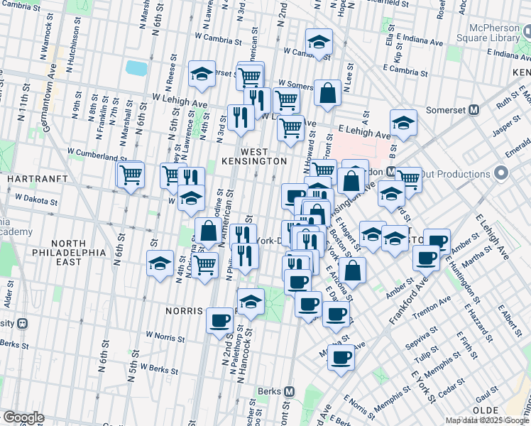 map of restaurants, bars, coffee shops, grocery stores, and more near 2406 North Hancock Street in Philadelphia