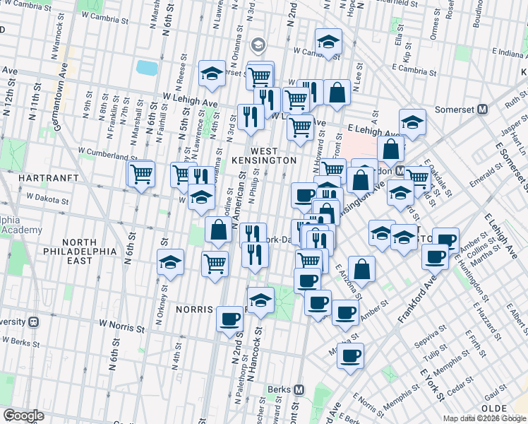 map of restaurants, bars, coffee shops, grocery stores, and more near 2401 North 2nd Street in Philadelphia