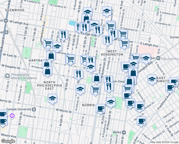 map of restaurants, bars, coffee shops, grocery stores, and more near 2358 North 4th Street in Philadelphia