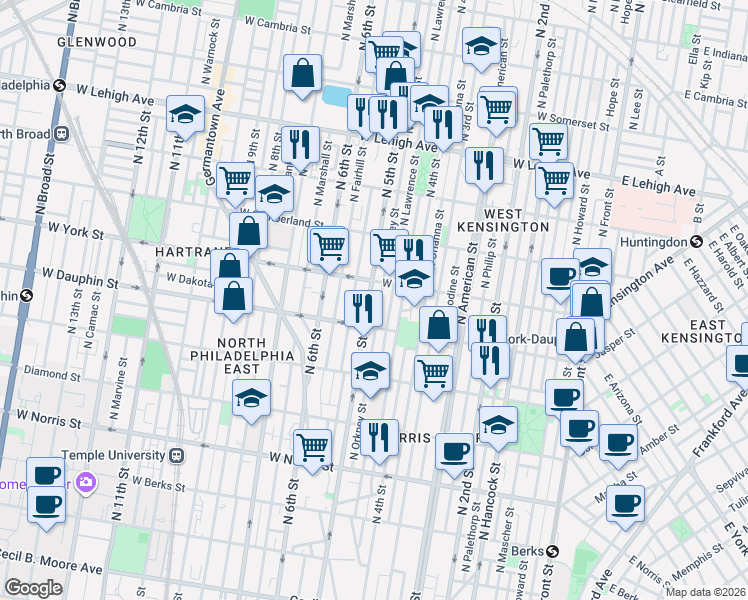 map of restaurants, bars, coffee shops, grocery stores, and more near 2342 North Orkney Street in Philadelphia