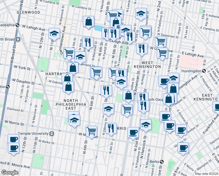 map of restaurants, bars, coffee shops, grocery stores, and more near 2342 North Orkney Street in Philadelphia