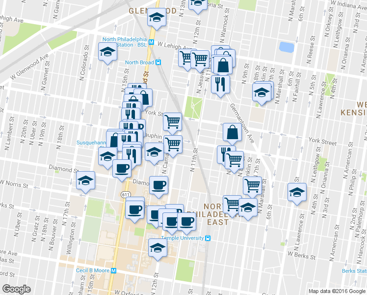 map of restaurants, bars, coffee shops, grocery stores, and more near 1127 West Nevada Street in Philadelphia