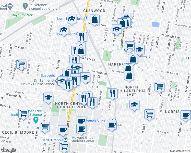map of restaurants, bars, coffee shops, grocery stores, and more near 2247 North Camac Street in Philadelphia
