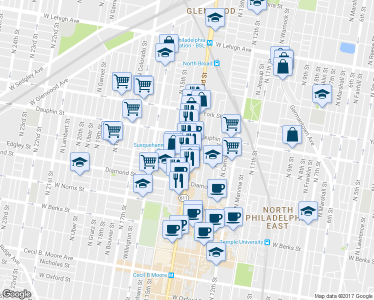 map of restaurants, bars, coffee shops, grocery stores, and more near in Philadelphia