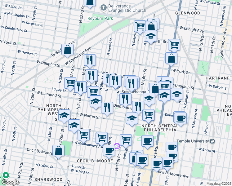map of restaurants, bars, coffee shops, grocery stores, and more near 1828 West Susquehanna Avenue in Philadelphia