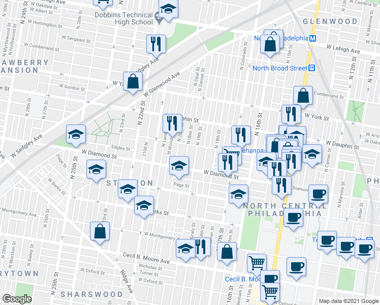 map of restaurants, bars, coffee shops, grocery stores, and more near 2139 North Uber Street in Philadelphia