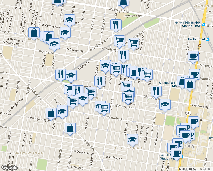 map of restaurants, bars, coffee shops, grocery stores, and more near 2116 North 22nd Street in Philadelphia