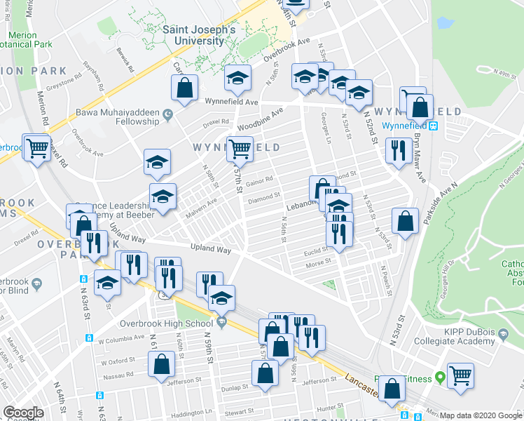 map of restaurants, bars, coffee shops, grocery stores, and more near 5623 Lebanon Avenue in Philadelphia