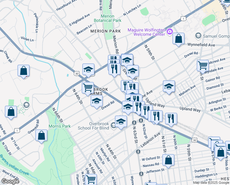 map of restaurants, bars, coffee shops, grocery stores, and more near 6300 Sherwood Road in Philadelphia