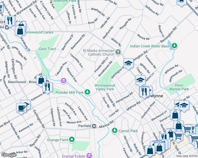 map of restaurants, bars, coffee shops, grocery stores, and more near 1624 Brookhaven Road in Penn Wynne