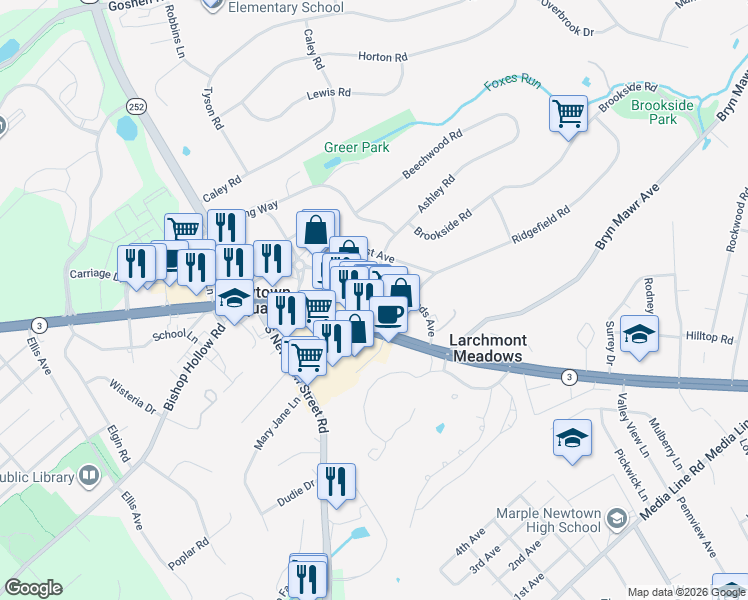 map of restaurants, bars, coffee shops, grocery stores, and more near 3530 Rhoads Avenue in Newtown Square