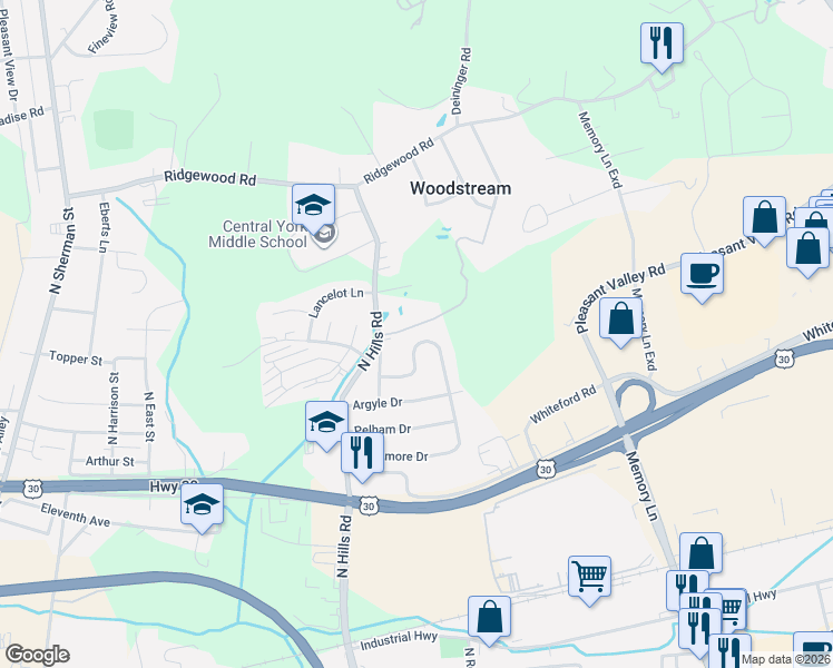 map of restaurants, bars, coffee shops, grocery stores, and more near 1749 San Gabriel Drive in York