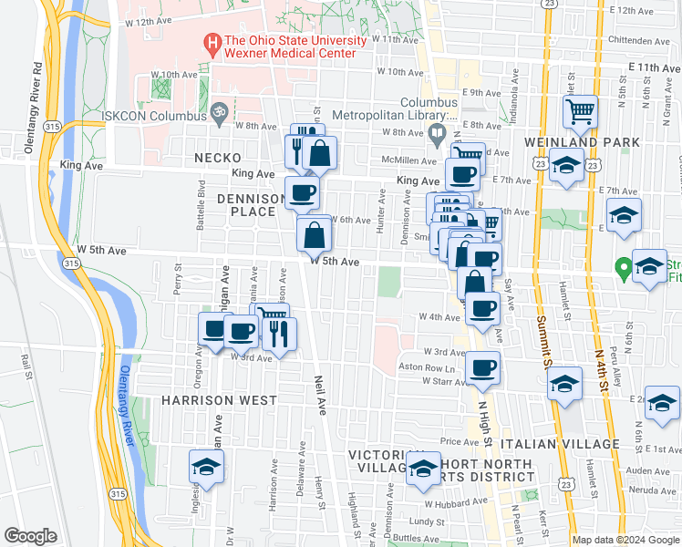 map of restaurants, bars, coffee shops, grocery stores, and more near 1237 Sunside Alley in Columbus