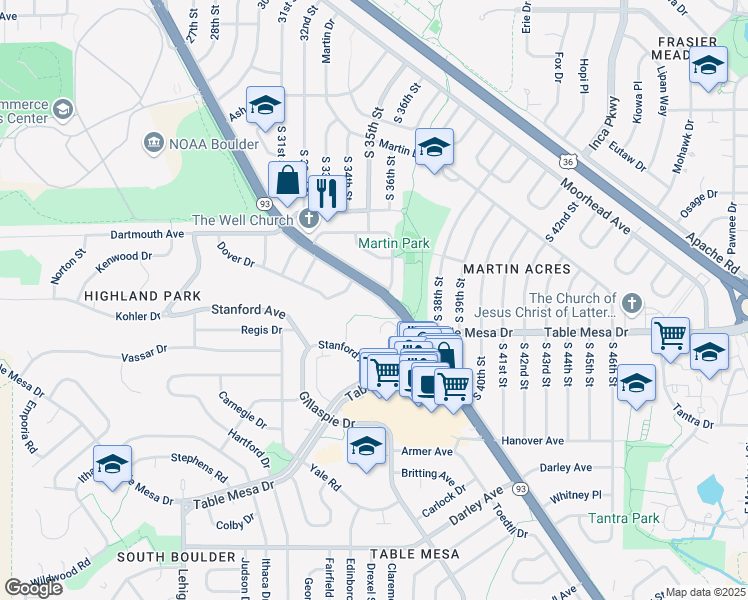map of restaurants, bars, coffee shops, grocery stores, and more near 489 Harvard Lane in Boulder