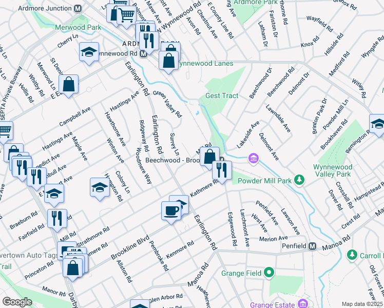 map of restaurants, bars, coffee shops, grocery stores, and more near 562 Mill Road in Havertown