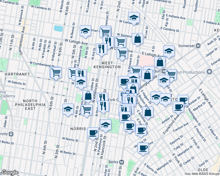 map of restaurants, bars, coffee shops, grocery stores, and more near 2406 North Hancock Street in Philadelphia