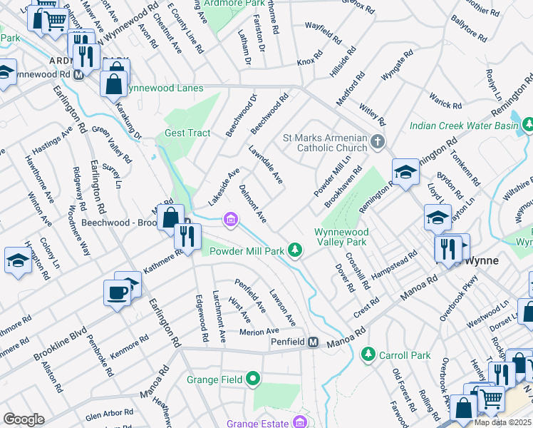 map of restaurants, bars, coffee shops, grocery stores, and more near 1325 Delmont Avenue in Havertown
