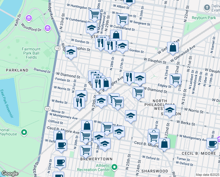 map of restaurants, bars, coffee shops, grocery stores, and more near 2010 North Marston Street in Philadelphia