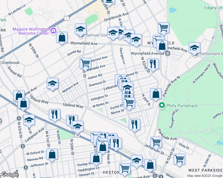 map of restaurants, bars, coffee shops, grocery stores, and more near 5438 Lebanon Avenue in Philadelphia