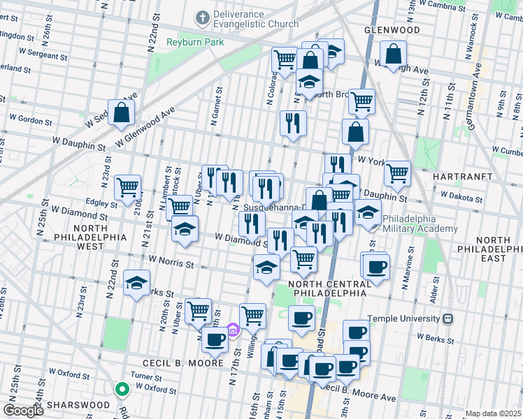 map of restaurants, bars, coffee shops, grocery stores, and more near N 17th St & W Susquehanna Ave in Philadelphia