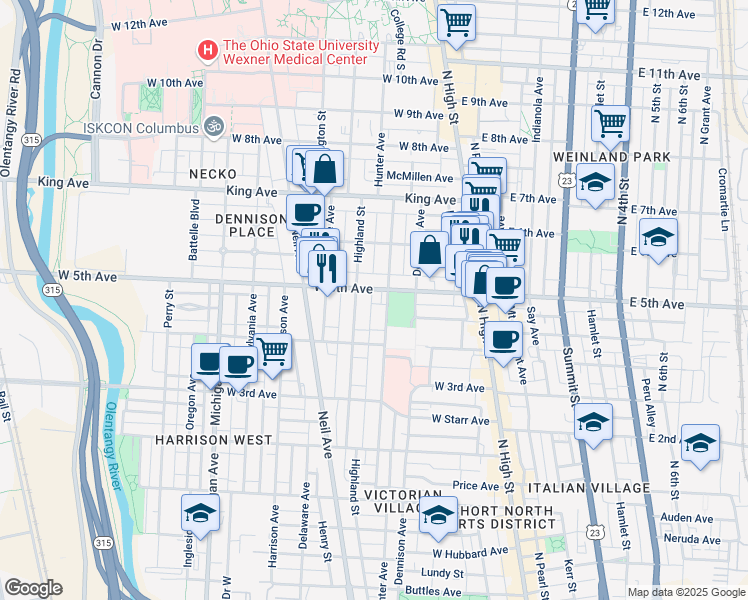 map of restaurants, bars, coffee shops, grocery stores, and more near 163 West 5th Avenue in Columbus