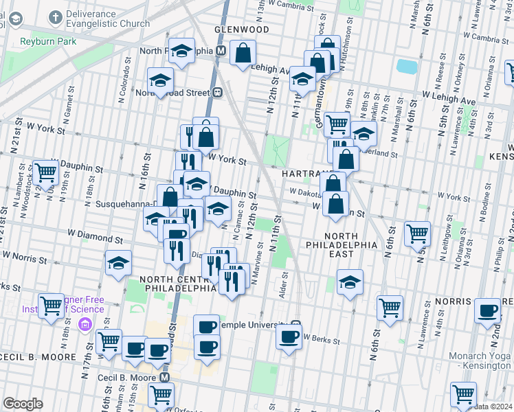 map of restaurants, bars, coffee shops, grocery stores, and more near 2239 North 12th Street in Philadelphia