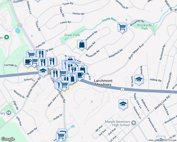 map of restaurants, bars, coffee shops, grocery stores, and more near 3507 Rhoads Avenue in Newtown Square