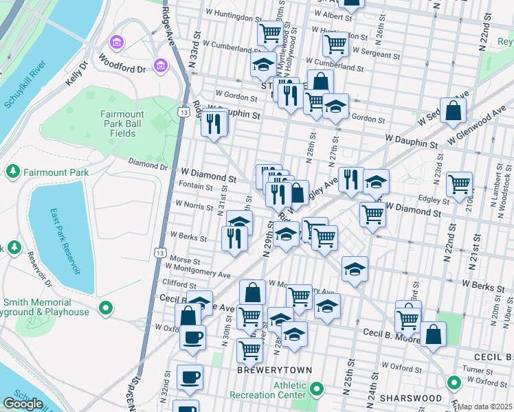 map of restaurants, bars, coffee shops, grocery stores, and more near 2920 Ridge Avenue in Philadelphia