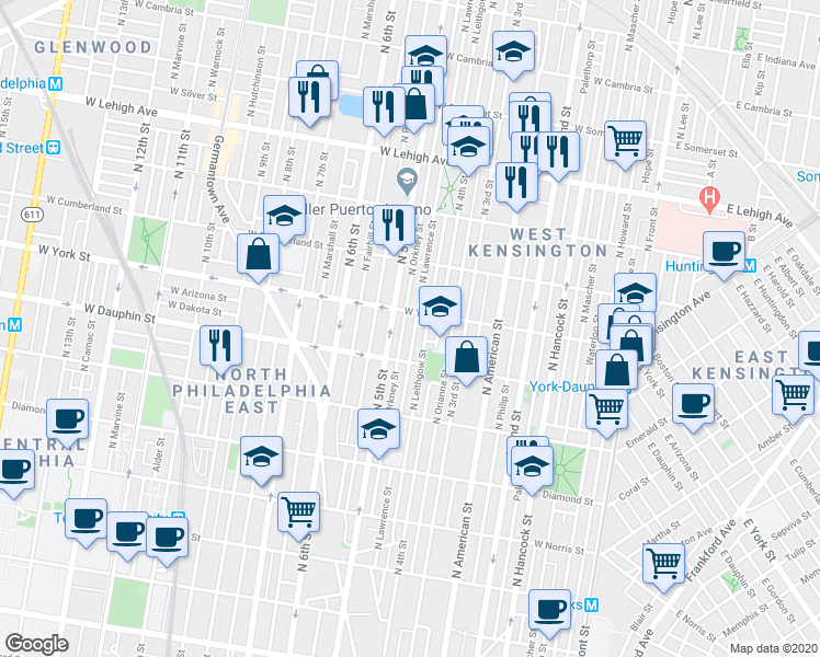 map of restaurants, bars, coffee shops, grocery stores, and more near 2340 North Lawrence Street in Philadelphia