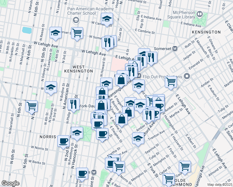 map of restaurants, bars, coffee shops, grocery stores, and more near 2449 Kensington Avenue in Philadelphia