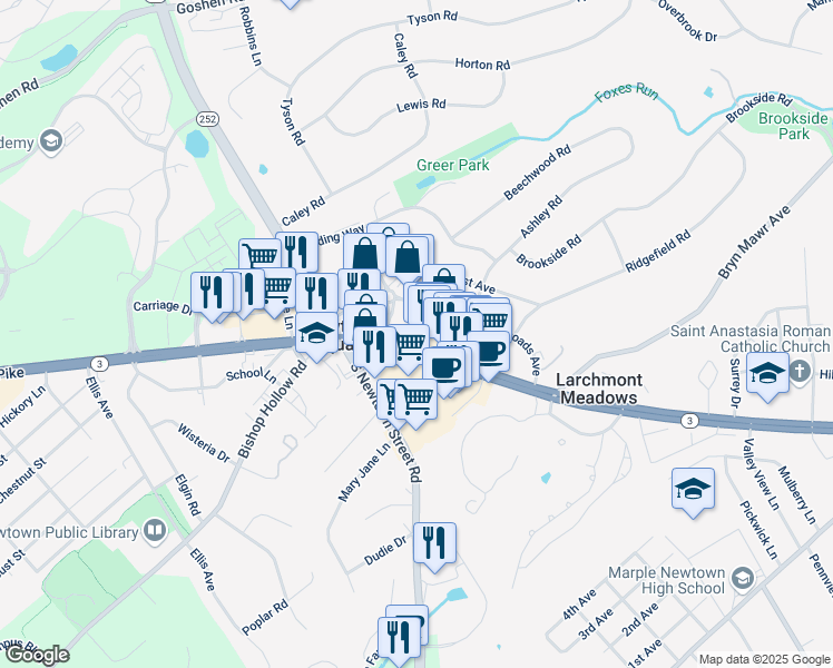 map of restaurants, bars, coffee shops, grocery stores, and more near 3551 West Chester Pike in Newtown Square