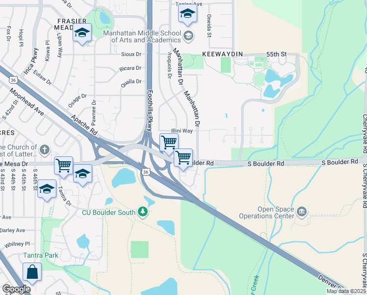 map of restaurants, bars, coffee shops, grocery stores, and more near 30 South Boulder Circle in Boulder