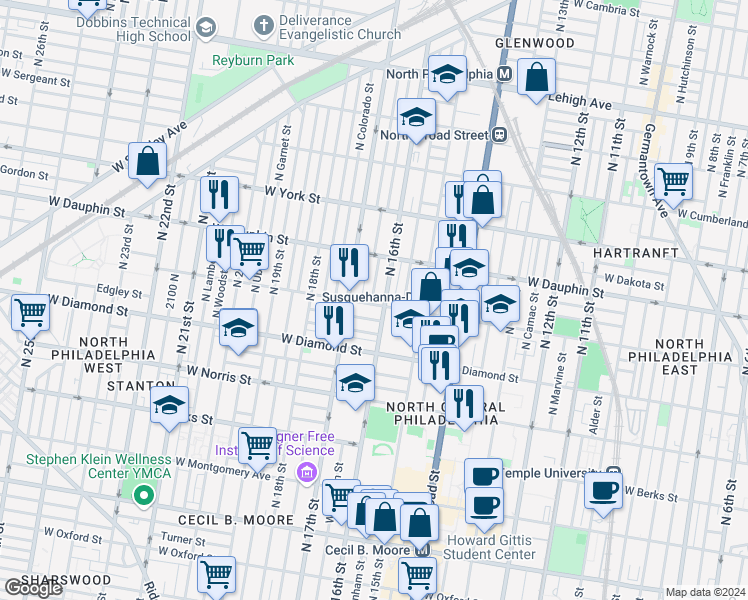 map of restaurants, bars, coffee shops, grocery stores, and more near 1615 West Susquehanna Avenue in Philadelphia