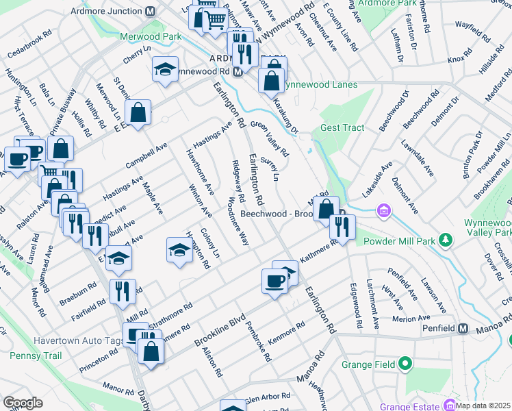 map of restaurants, bars, coffee shops, grocery stores, and more near 1624 Earlington Road in Havertown