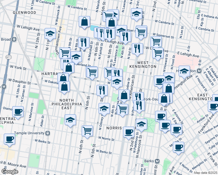 map of restaurants, bars, coffee shops, grocery stores, and more near 2340 North Lawrence Street in Philadelphia