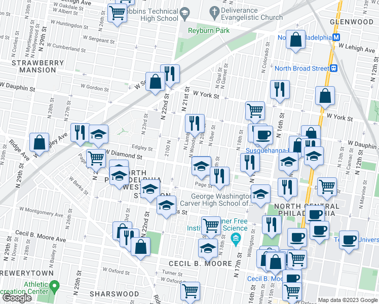 map of restaurants, bars, coffee shops, grocery stores, and more near 2124 North Woodstock Street in Philadelphia