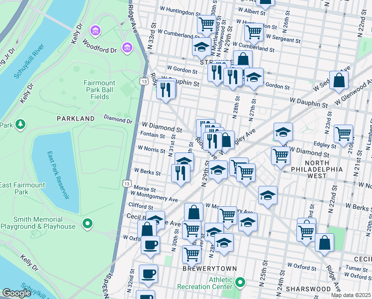 map of restaurants, bars, coffee shops, grocery stores, and more near 3010 Page Street in Philadelphia