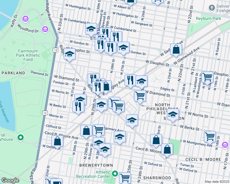 map of restaurants, bars, coffee shops, grocery stores, and more near 1914 West Page Street in Philadelphia