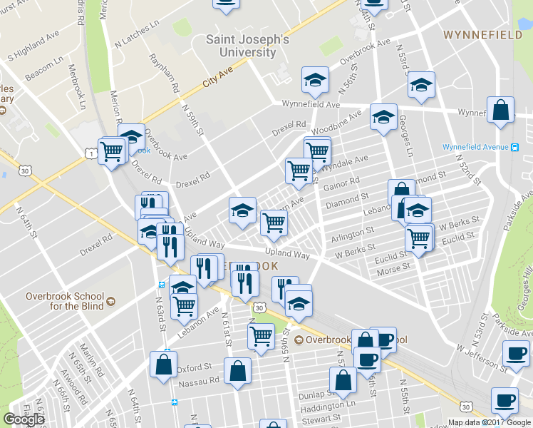 map of restaurants, bars, coffee shops, grocery stores, and more near 5859 Malvern Avenue in Philadelphia