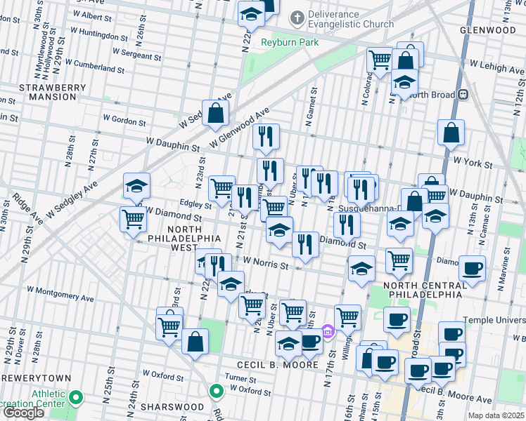 map of restaurants, bars, coffee shops, grocery stores, and more near 2124 North Woodstock Street in Philadelphia