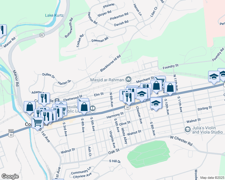 map of restaurants, bars, coffee shops, grocery stores, and more near 606 Merchant Street in Coatesville