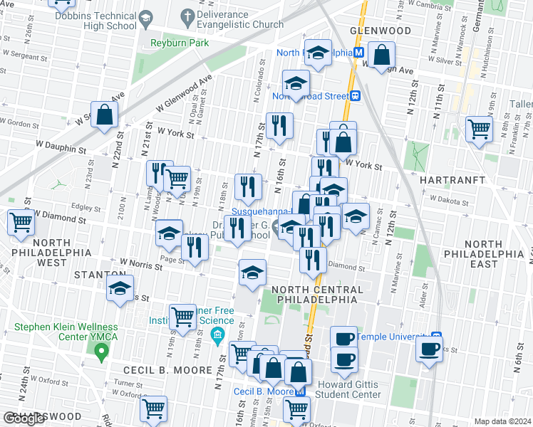 map of restaurants, bars, coffee shops, grocery stores, and more near 1611 West Susquehanna Avenue in Philadelphia