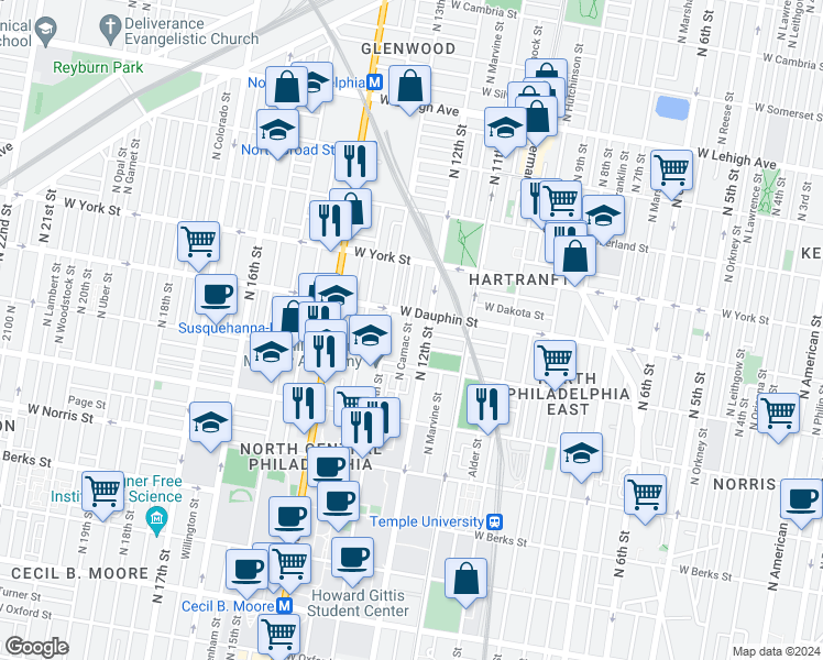 map of restaurants, bars, coffee shops, grocery stores, and more near 2245 North Camac Street in Philadelphia