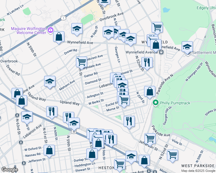 map of restaurants, bars, coffee shops, grocery stores, and more near 5432 Lebanon Avenue in Philadelphia