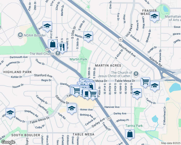 map of restaurants, bars, coffee shops, grocery stores, and more near 420 South 38th Street in Boulder